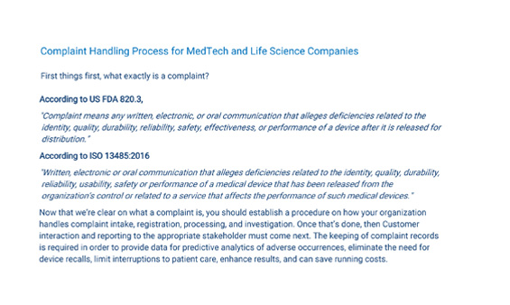 Complaint Handling Process for MedTech and Life Science Companies